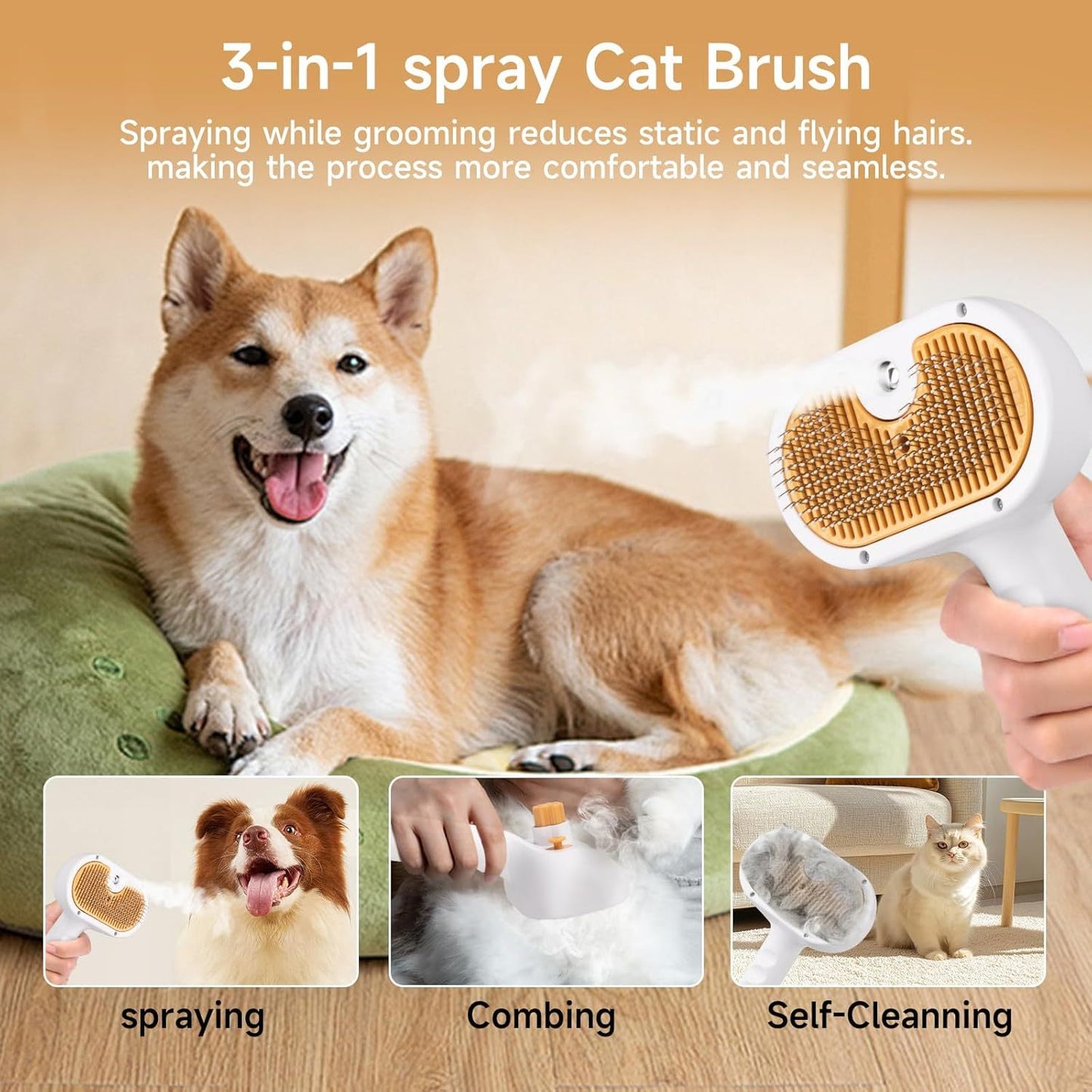 3‑in‑1 Pet Steam Brush with Waterless Shampoo